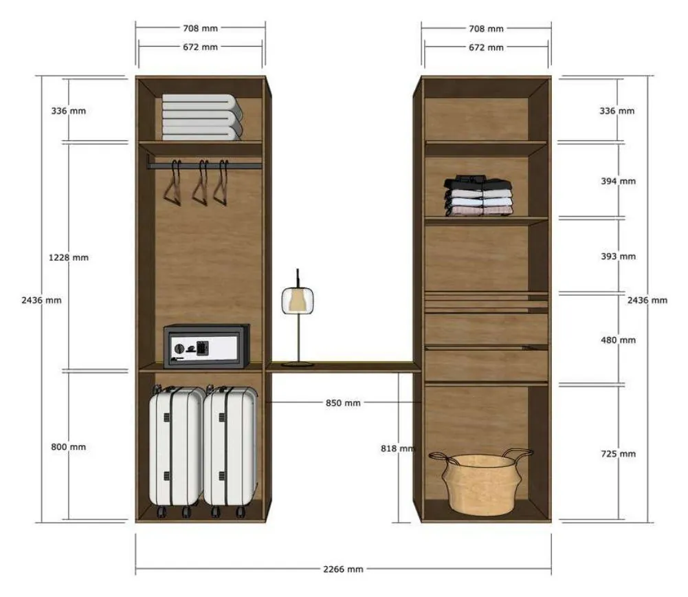 Plan coté du dressing sur mesure du Poumaka Lodge