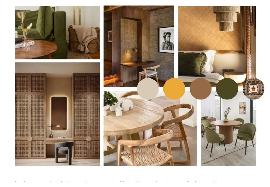 Moodboard du Poumaka Lodge : bois, fibres tressées, vert profond et tons miel