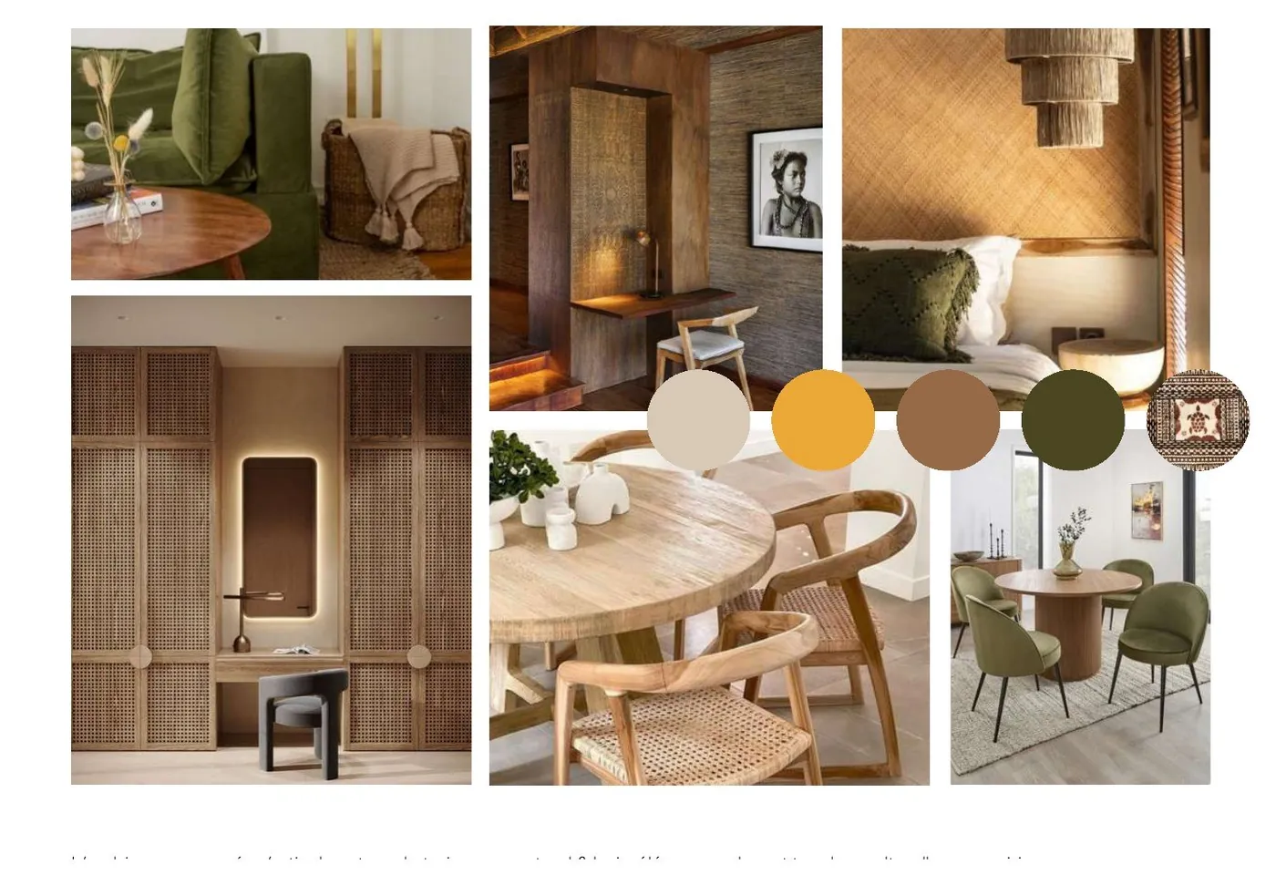 Moodboard du Poumaka Lodge : bois, fibres tressées, vert profond et tons miel