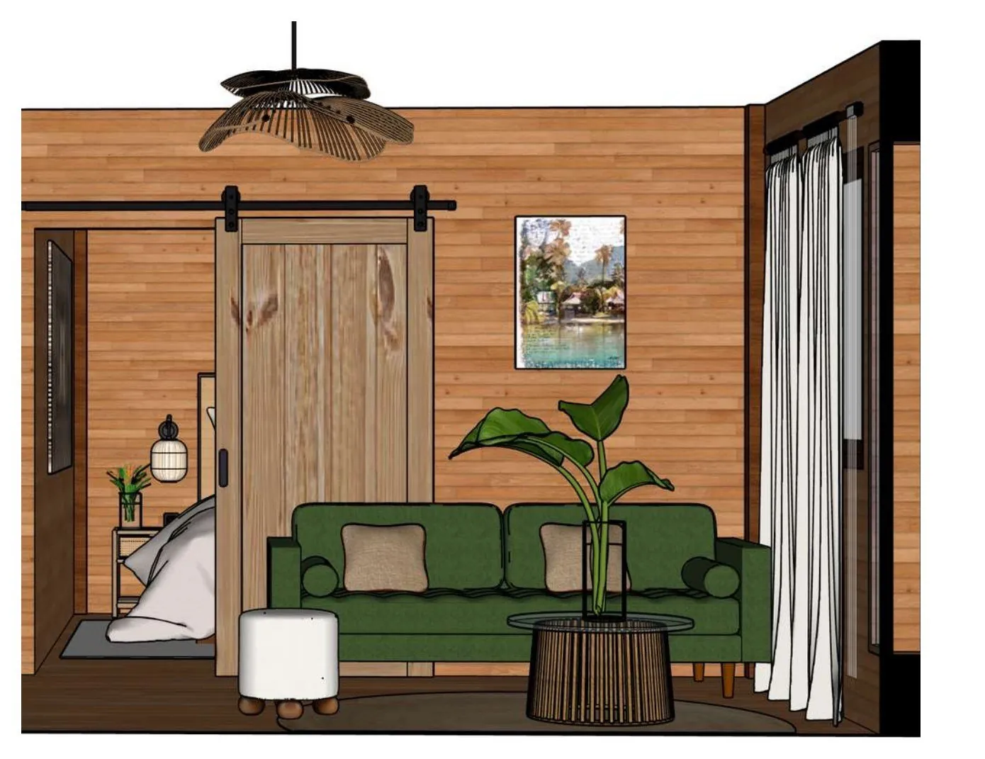 Vue 3D du salon du Poumaka Lodge