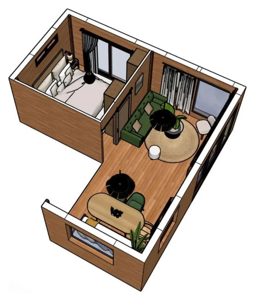 Vue 3D d'ensemble de l'aménagement du Poumaka Lodge